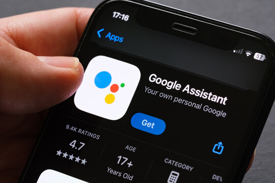 Google Assistant App Store listing on iPhone highlights voice assistant and AI assistant features. Stafford, United Kingdom, September 14, 2025.