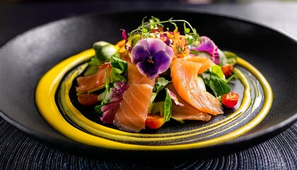 Elegant And Colorful Gourmet Salad With Smoked Salmon Fresh Vegetables And Edible Flowers Artistically Plated On A Black Dish With Vibrant Yellow Sauce Drizzle Creating A Stunning Visual Contrast