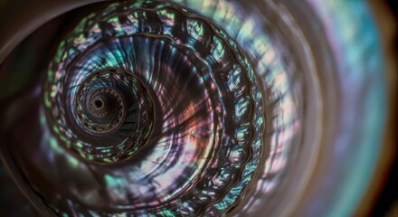 Macro view of a spiral iridescent seashell showing intricate natural details