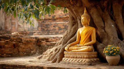 Serene golden Buddha statue sits peacefully under large tree, surrounded by ancient brick ruins. tranquil atmosphere evokes sense of spirituality and calmness