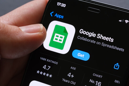 Google Sheets App Store listing on iPhone highlights spreadsheets and data analysis features. Stafford, United Kingdom, September 14, 2025.