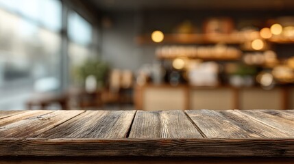 Rustic Wooden Table Top In Blurred Cafe Interior