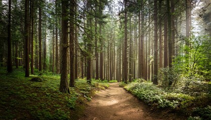 Obraz premium Dirt Path Through Dense Forest With Tall Trees
