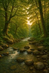 Obraz premium Peaceful riverside sanctuary with flowing water through emerald forest valley illuminated by warm evening golden light