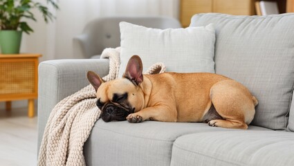 French Bulldog Peacefully Resting on a Cozy Couch With a Blanket in a Modern Living Room