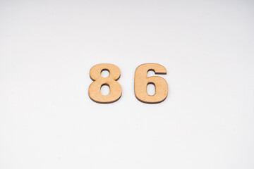 Number eighty-six on paper on a white background.