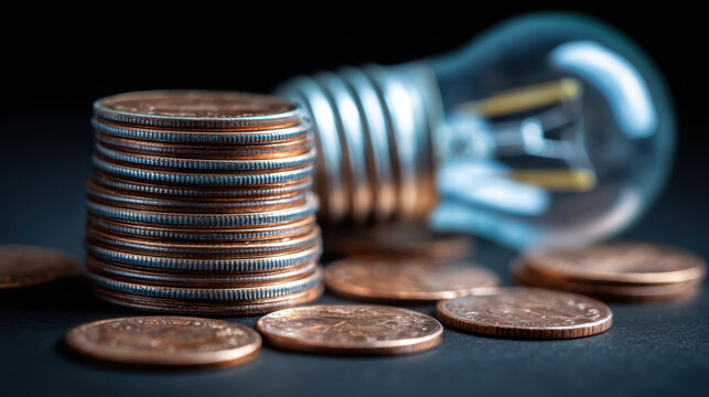 Coins stacked beside light bulb symbolize connection between finance and energy efficiency, highlighting importance of saving money while being environmentally conscious - Powered by Adobe