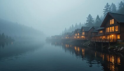 Fototapeta premium Misty lakefront cabins glow warmly in the evening fog, reflecting on the still water.