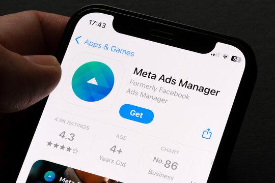 Meta Ads Manager App Store listing on iPhone highlights advertising management and campaign manager features. Stafford, United Kingdom, September 14, 2025.