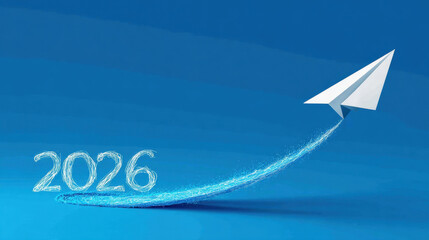 Paper airplane soaring through blue sky symbolizes progress and innovation, with year 2026 highlighted below, representing future aspirations and goals