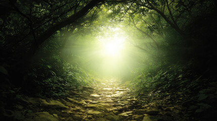 Fototapeta premium Serene forest path illuminated by soft sunlight filtering through dense foliage creates tranquil atmosphere. lush greenery and rocky terrain invite exploration and reflection