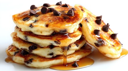 Delicious Stack Of Chocolate Chip Pancakes With Maple Syrup
