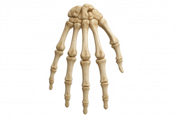 Realistic skeleton hand extended forward against a transparent background, creating a spooky and eerie atmosphere