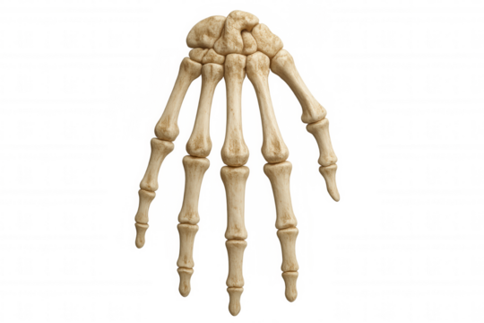 Realistic skeleton hand extended forward against a transparent background, creating a spooky and eerie atmosphere