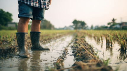 Person stands in muddy rice fields wearing rubber boots, surrounded by lush greenery and serene atmosphere. scene captures essence of agricultural life and hard work
