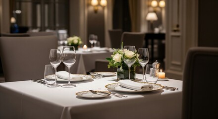 Elegant Restaurant Table Setting with Candlelight and Flowers.
