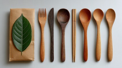 Wooden Utensils and Leaf on Paper