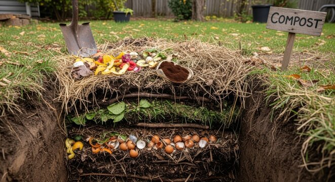 Medium shot of a backyard compost pit with layered kitchen scraps and garden waste decomposing naturally highlighting traditional composting methods