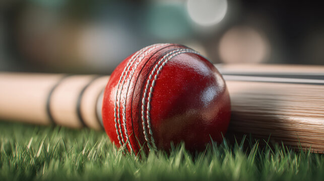 Close up view of red cricket ball resting on lush green grass next to wooden cricket bat, capturing essence of sport and evoking sense of excitement and competition
