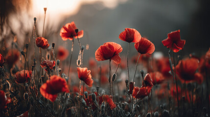 Vibrant red poppy flowers bloom in field during sunset, creating stunning contrast against blurred background. scene evokes sense of tranquility and natural beauty