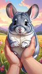 Cute chinchilla in hands, field background