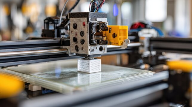 Medium frame capturing layered additive printing in progress with a partially blurred subtractive tool poised for nextstage refinement in a modern workshop.