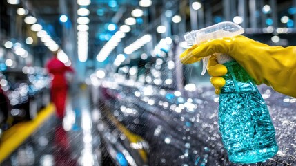Naklejka premium Factory Worker Cleaning Cars With Spray Bottle