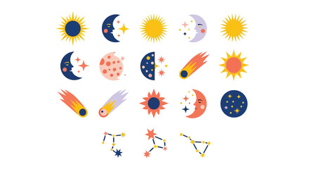 Fototapeta premium Sun, Moon, Stars, and Comets in a Whimsical Cosmic Design