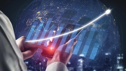A businessman interacts with a smartphone, showcasing financial growth indicators and global data analysis, representing the digital transformation in the finance industry. Copula - Powered by Adobe