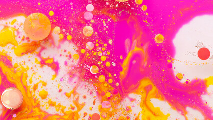 Colorful abstract liquid art background with pink yellow orange bubbles, vibrant psychedelic fluid paint texture, bright modern creative design