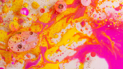 Colorful abstract liquid art background with pink yellow orange bubbles, vibrant psychedelic fluid paint texture, bright modern creative design