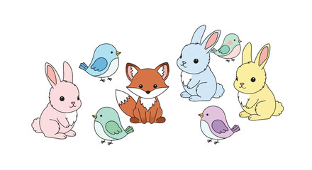 Colorful Bunnies and Birds Together in a Whimsical Scene, Playful Illustration, Cheerful Environment