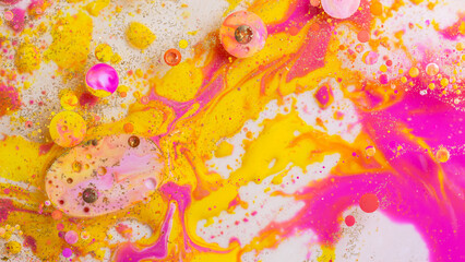 Colorful abstract liquid art background with pink yellow orange bubbles, vibrant psychedelic fluid paint texture, bright modern creative design