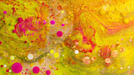 Colorful abstract liquid art background with pink yellow orange bubbles, vibrant psychedelic fluid paint texture, bright modern creative design