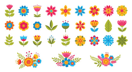 Colorful Floral Illustrations Featuring Various Flower Types, Nature Art, Vibrant Arrangement, Creative Design, Bright Colors