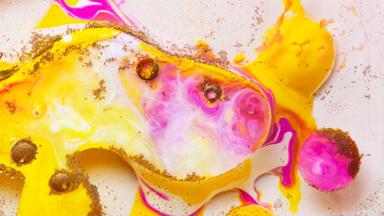 Colorful abstract liquid art background with pink yellow orange bubbles, vibrant psychedelic fluid paint texture, bright modern creative design