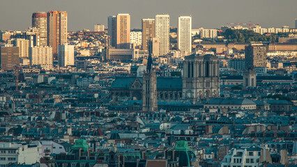 Panorama of Paris aerial timelapse, France. Top view from Montmartre viewpoint.