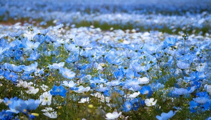 Captivating Field Filled With Numerous Blue Flowers And Scattered White Blossoms Creating A Floral Texture During The Daytime