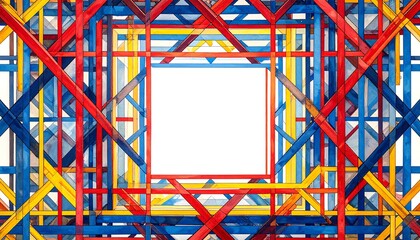 Colorful geometric crisscrossing lines create a vibrant frame around a blank space
