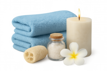 Serene spa setup featuring blue towels, lit candle, bath salts, loofah, frangipani flower creating relaxing wellness atmosphere on clean background