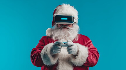 Santa Claus wearing VR headset and holding game controller for tech ads, holiday gaming campaigns, and digital Christmas content, centered waist-up portrait, neon blue background with copy space
