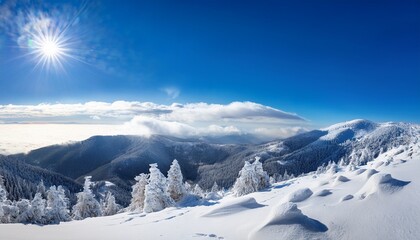 Obraz premium Bright Sunny Day Over Expansive Snow Covered Mountain Range With Frosted Trees And Clear Blue Sky With Scattered Clouds