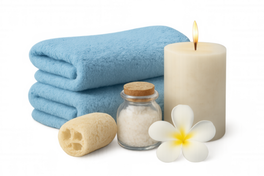 Serene spa setup featuring blue towels, lit candle, bath salts, loofah, frangipani flower creating relaxing wellness atmosphere on clean background