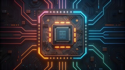 Futuristic Glowing Circuit Board with Central Microchip