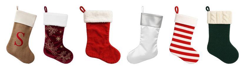 Christmas stockings set including burlap, velvet, knitted, and satin designs isolated. Holiday decoration and gift collection.