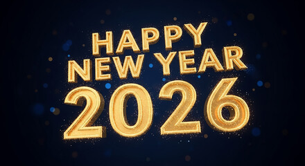 Happy new year 2026 greeting with gold numbers on blue background