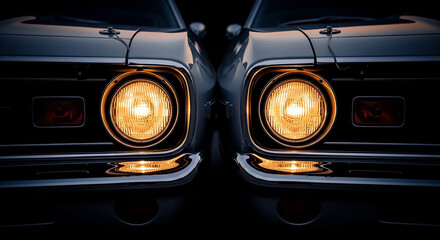Two classic cars shining headlights in the dark
