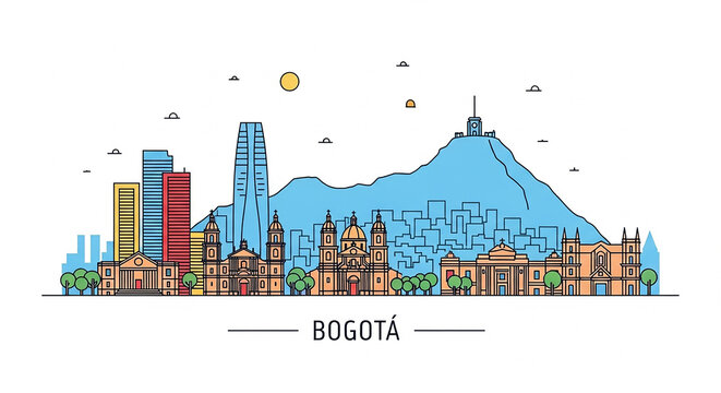 Bogota skyline with famous landmarks showing monserrate hill