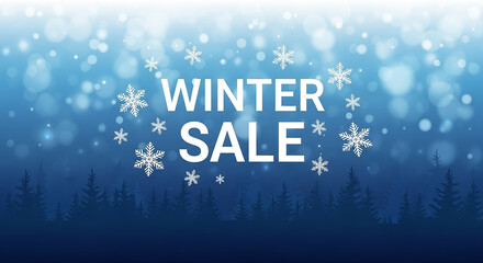 Winter sale sign with falling snowflakes and pine trees