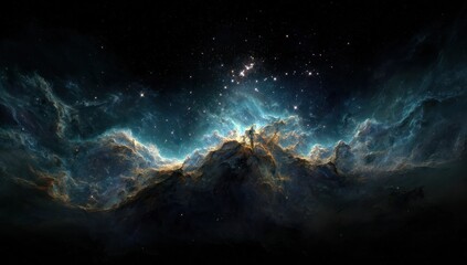 Fototapeta premium A breathtaking cosmic landscape unfolds, showcasing swirling nebulae in deep space, highlighted by brilliant star clusters and vibrant hues of blue and gold.